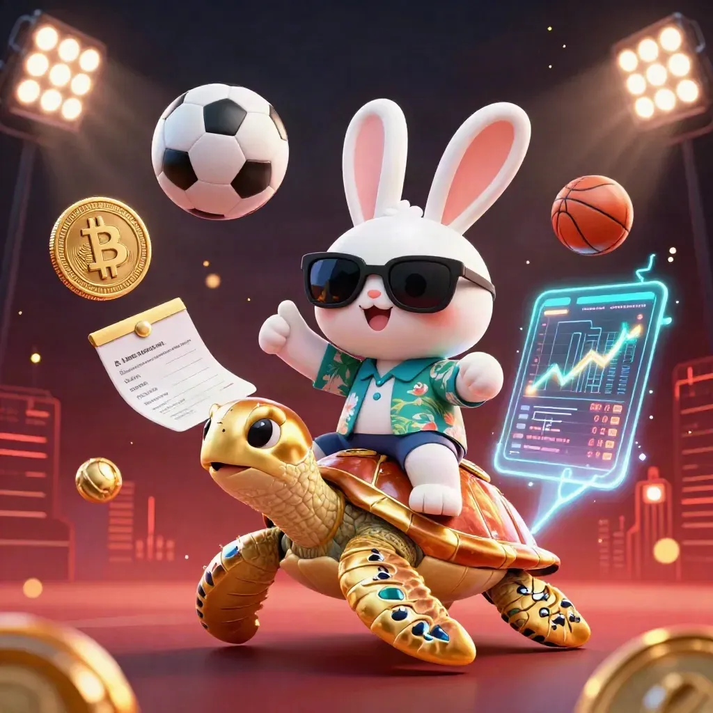 Rabbit rides a gem turtle amid neon coins, balls, sparks and glowing casino effects.