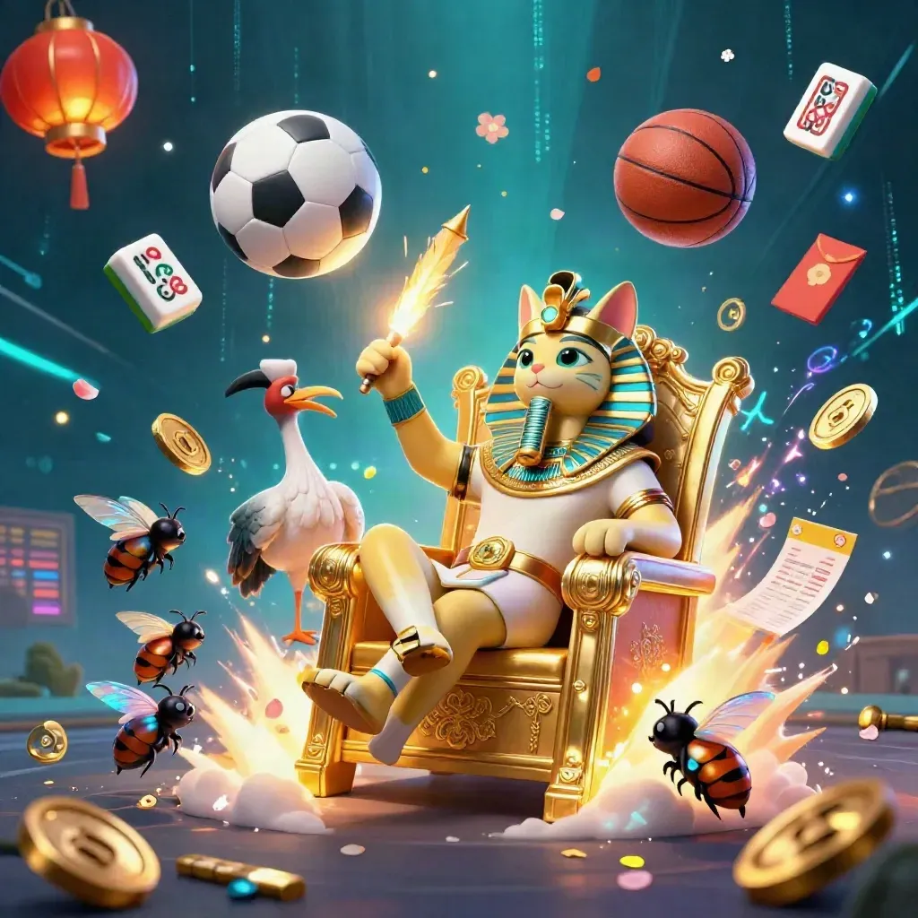 Pharaoh cat, ibis scribe, scarabs, balls, and casino charms exploding in neon light.