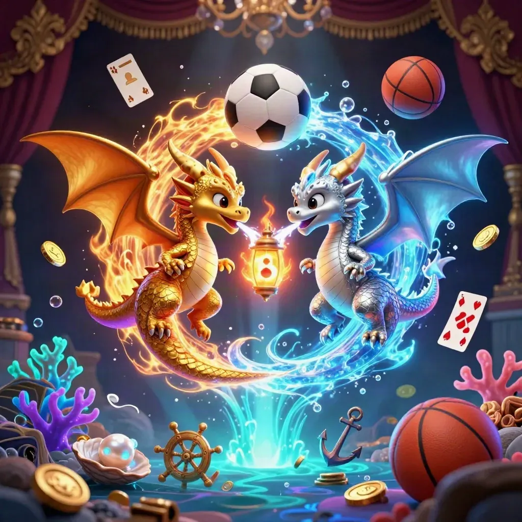 Gold and silver dragons spiral with a lantern spirit above a neon treasure cove, with balls and casino props