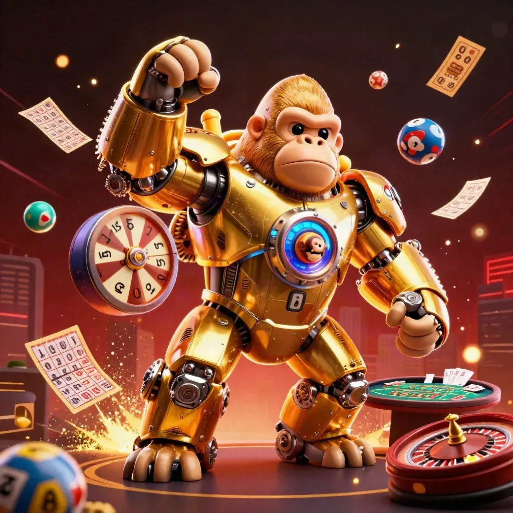 Golden gorilla mech with monkey pilot amid casino bursts, glowing lights, and jackpot props