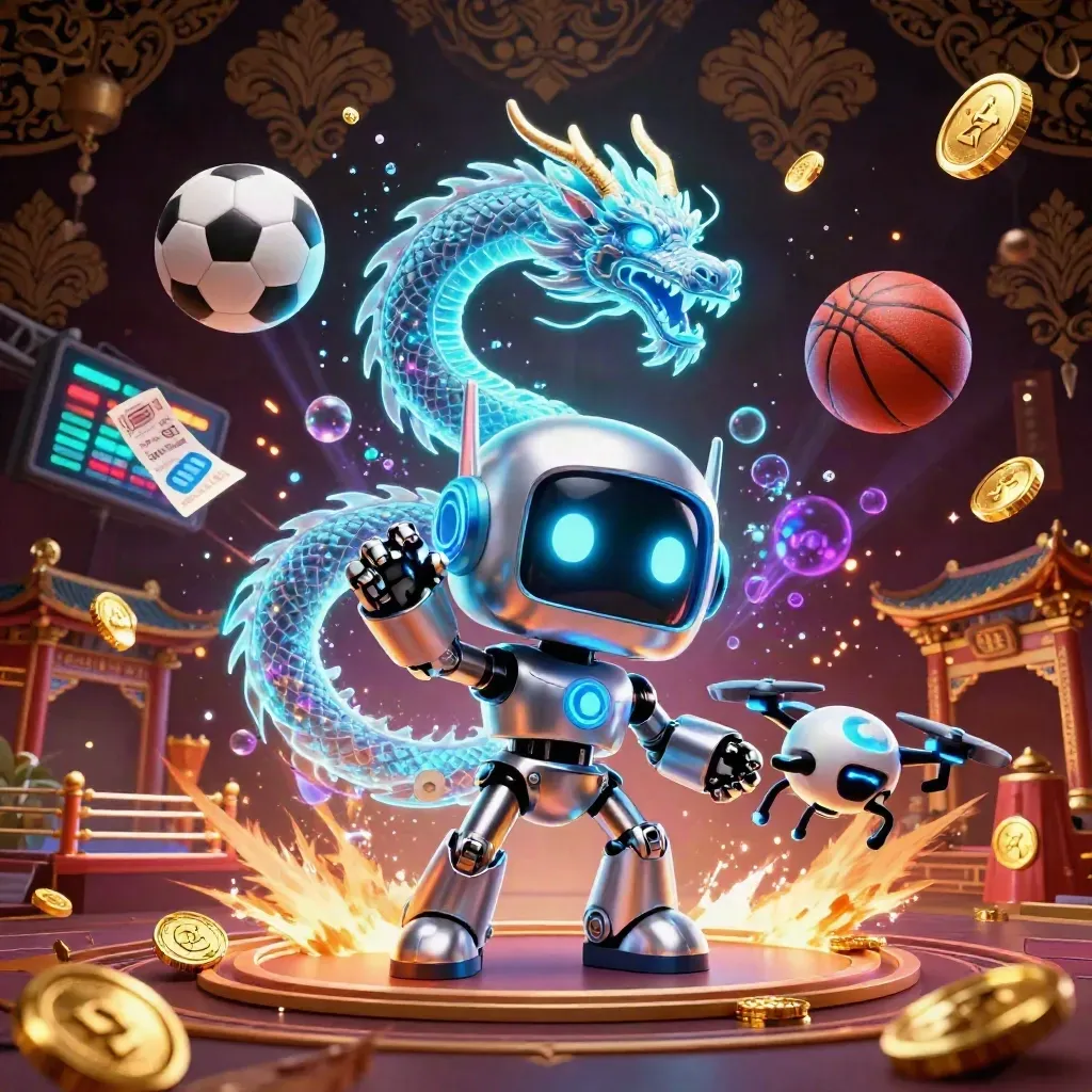 Cyberpunk robot, holographic dragon, drone, coins, temple gate, and sports balls in neon casino glow.