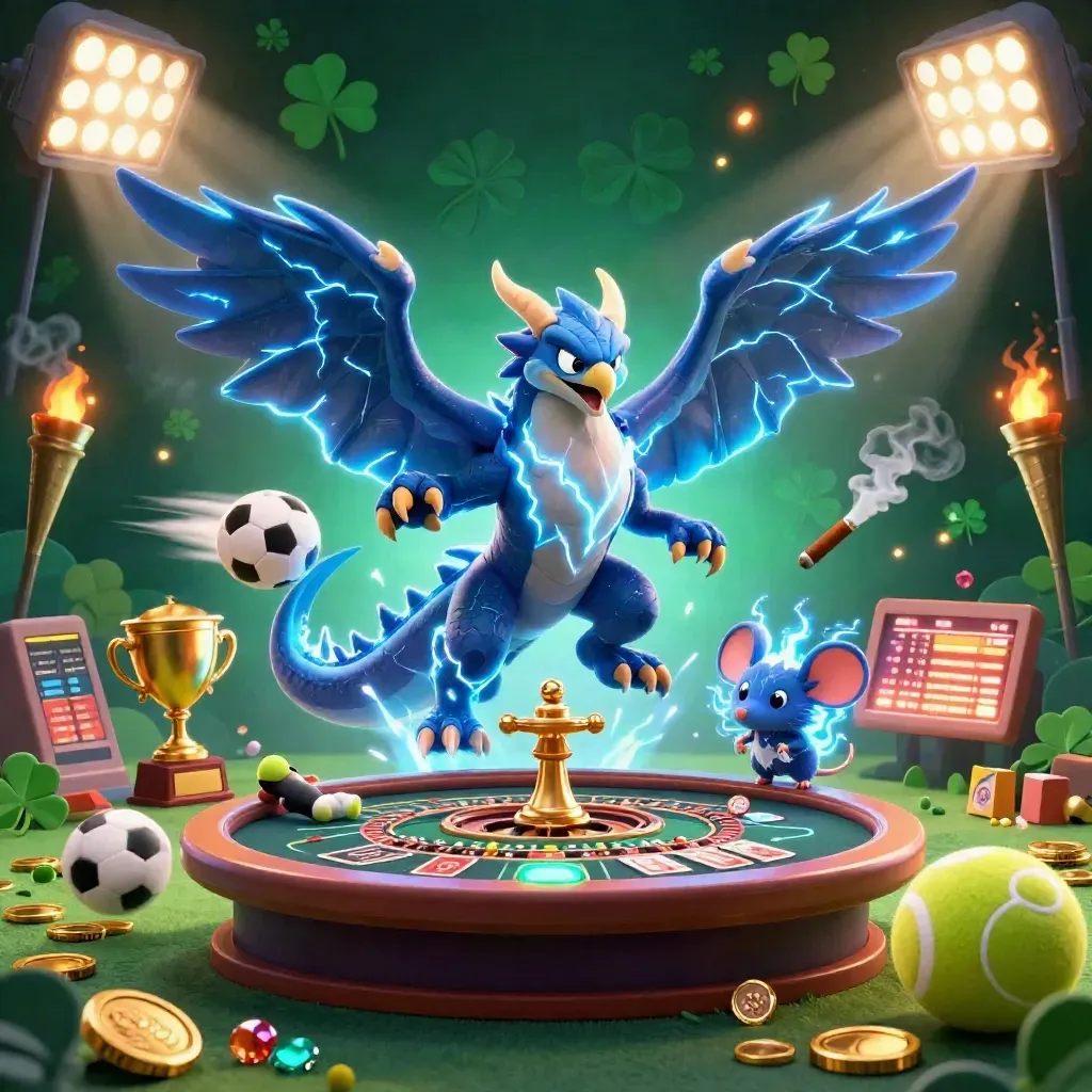 Thunder dragon, wind hawk, and crackling mouse amid casino lights, coins, roulette, and glowing sports props.