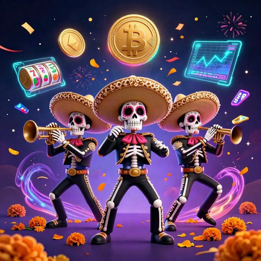 Day-of-the-Dead skeleton mariachi trio blasting coins, gems, slots, and neon energy in a casino splash scene