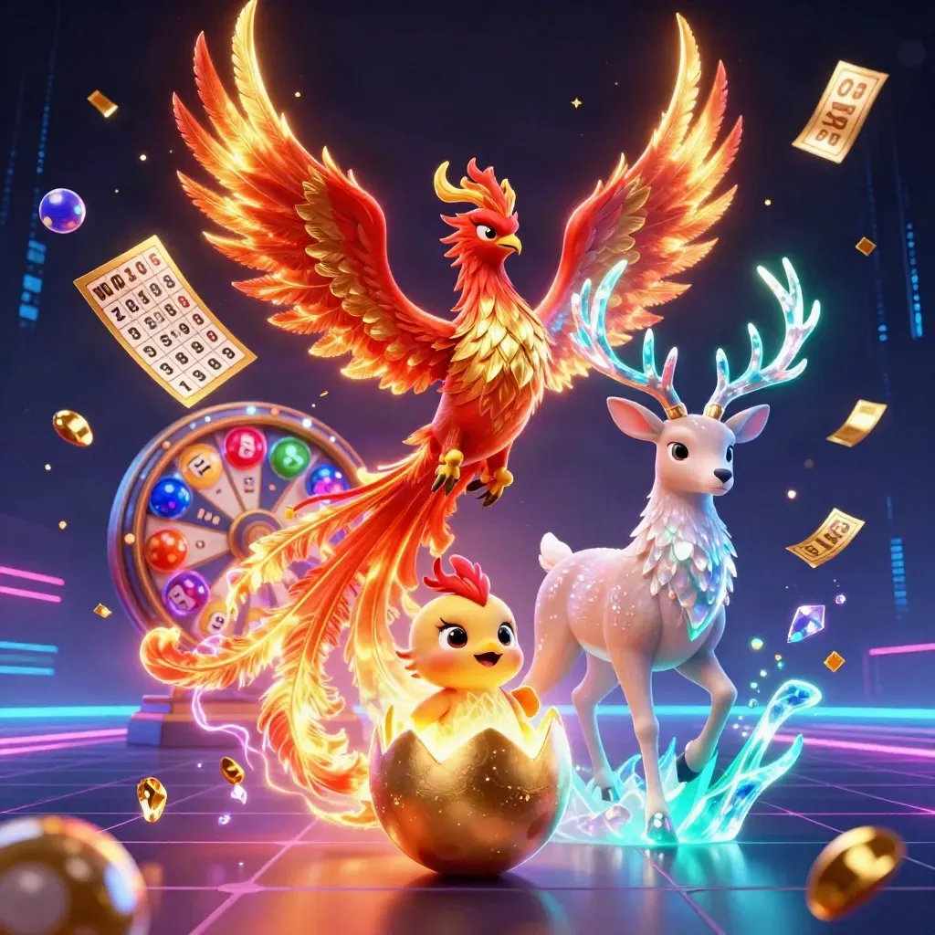 Phoenix, hatching chick, and crystal stag burst in neon gold casino magic.