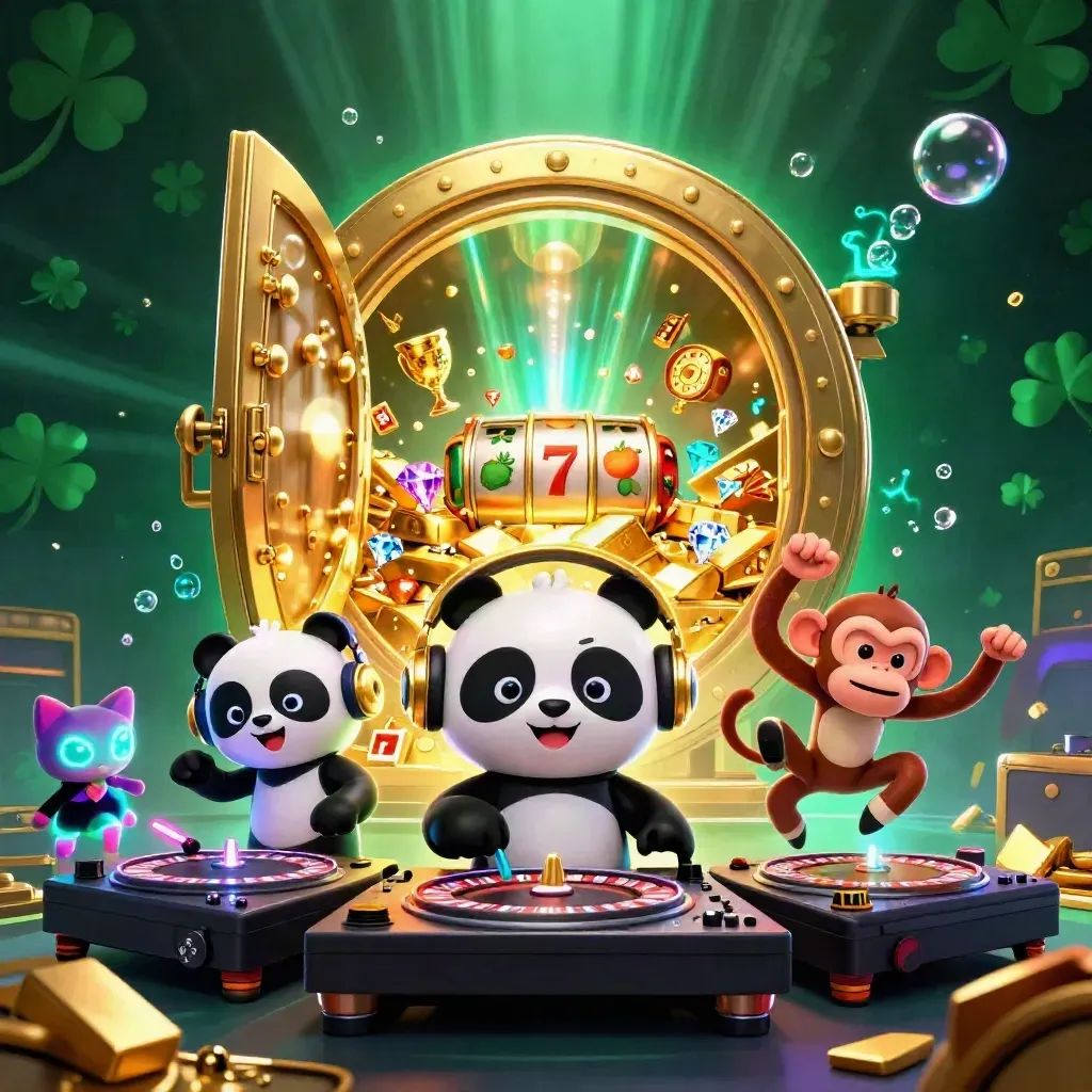 DJ panda, breakdancing monkey, and glow-stick kitten blasting a gold vault in neon casino glow