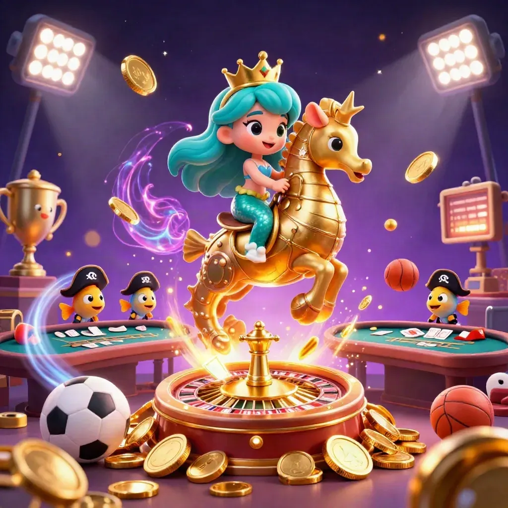 Mermaid princess on a gold seahorse amid casino treasure, coins, balls, cards, and fireworks