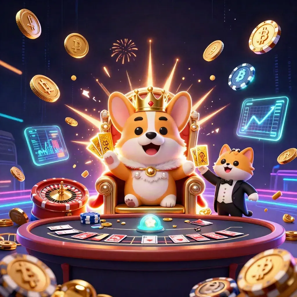 Royal corgi and cat butler amid coins, fireworks, crypto glow, and casino tables.