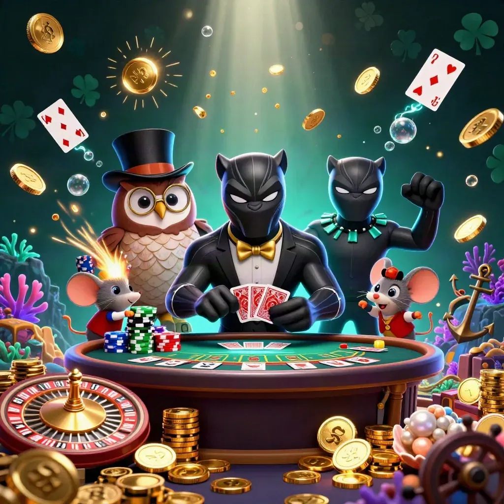 Black panther dealer, owl and mouse amid underwater gold, cards, roulette wheel, neon casino glow