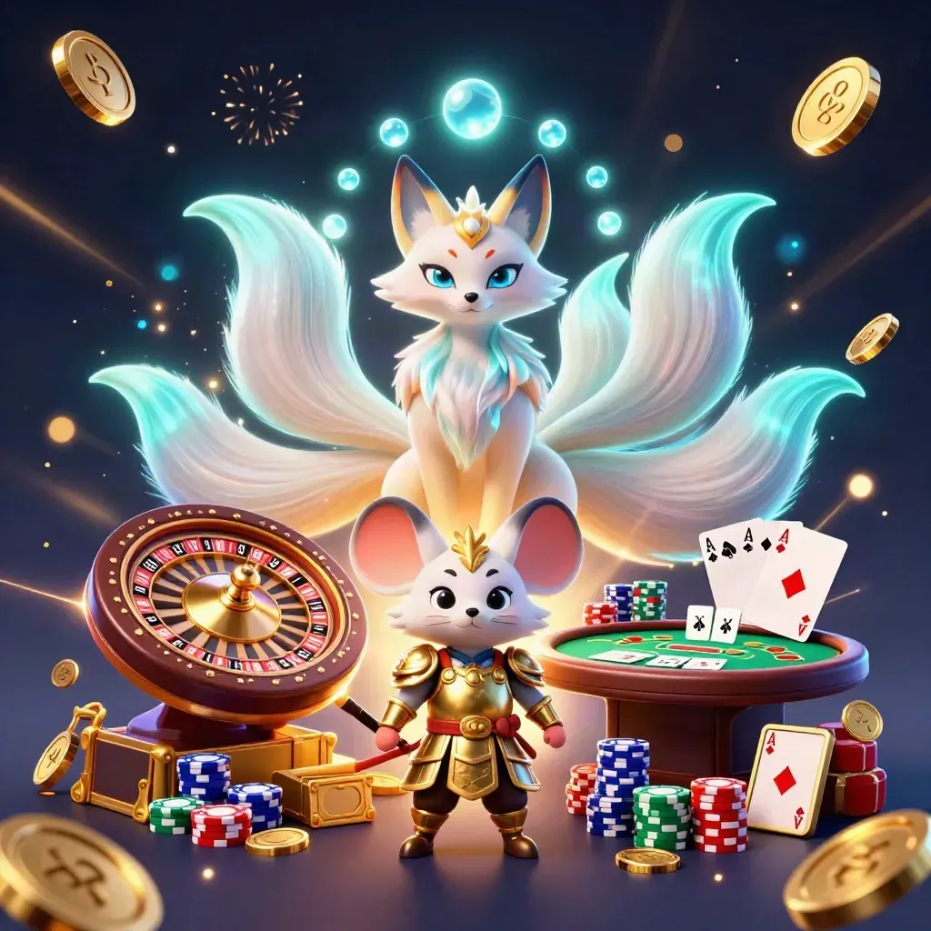 Fox spirit and samurai mouse amid coins, cards, chips, fireworks, and neon casino glow.