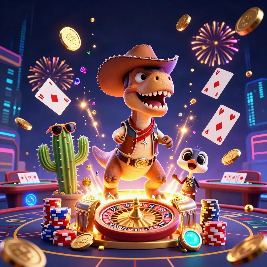Cowboy T-Rex, cactus, and roadrunner amid coins, chips, roulette, fireworks, and neon casino glow.