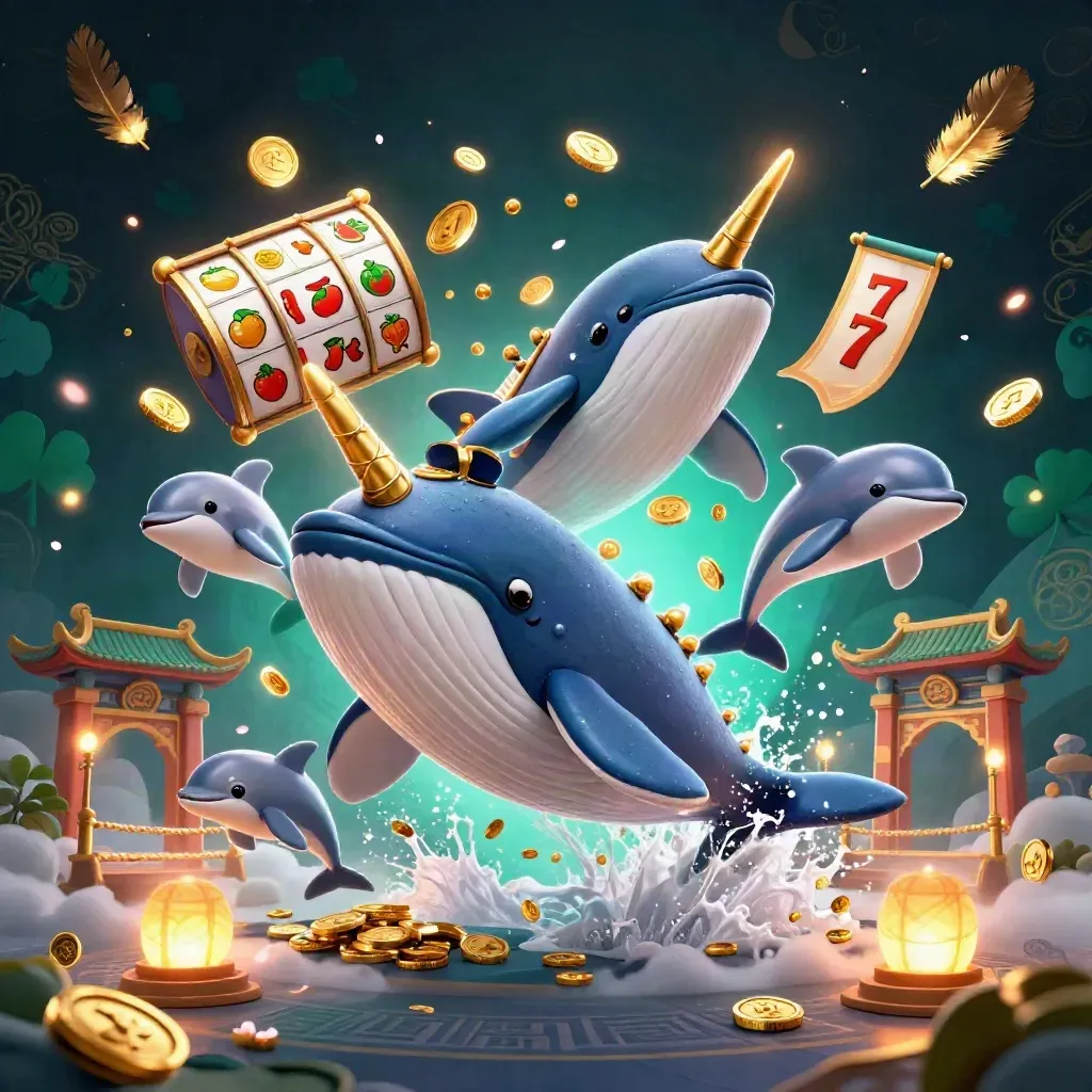 Whale captain, narwhal, and dolphins amid coins, reels, temple gate, and neon casino glow.