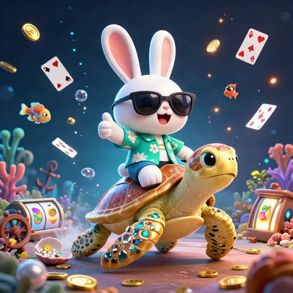 Lucky rabbit rides a gem turtle through a neon treasure cove with slots, fish, and jackpots.